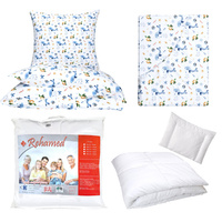 Zestaw pościeli 100x160 + 40x60 + prześcieradło we wzorze 80x160 | 235zlw | biało niebieska | ocean