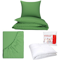 Zestaw pościeli  100x160 + 50x60 + prześcieradło we wzorze 80x160 | groszki zielone | zielona | grochy
