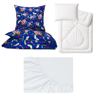 Zestaw pościeli  100x160 + 50x60 + prześcieradło jersey 80x160 | 348Mgr | granatowa | kwiaty i motyle
