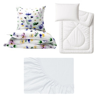 Zestaw pościeli  100x160 + 50x60 + prześcieradło jersey 80x160 | 348bia | biała | kwiaty bratki