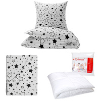 Zestaw pościeli  100x160 + 40x60 + prześcieradło we wzorze 80x160 | 108cza | biało czarna | gwiazdki