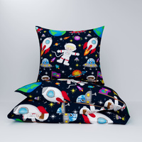 Pościel bawełniana 160x200 + poszewki na poduszkę 2*70x80 | 202ast | granatowo pomarańczowa | planety kosmos