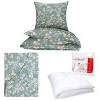 Zestaw pościeli  100x160 + 40x60 + prześcieradło we wzorze 80x160 | 205zie | szałwiowa | kwiaty