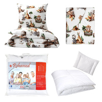 Zestaw pościeli 100x160 + 50x60 + prześcieradło we wzorze 80x160 | 104tip | biała | zwierzątka na campingu