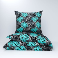 Pościel z kory 160x200 + poszewki na poduszkę 2*70x80 | 349trk | czarno turkusowa | monstera