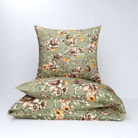 Pościel bawełniana 200x220 + poszewki na poduszkę 2*70x80 | 359oli | oliwkowa | kwiaty