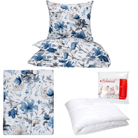 Zestaw pościeli  100x160 + 50x60 + prześcieradło we wzorze 80x160 | 382nie | niebieska | kwiaty piwonie