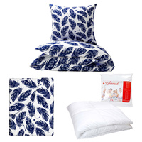 Zestaw pościeli  100x160 + 40x60 + prześcieradło we wzorze 80x160 | 003gra | biało granatowa | piórka | piórka