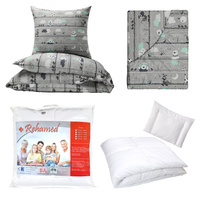 Zestaw pościeli  100x160 + 40x60 + prześcieradło we wzorze 80x160 | 196mie | szaro miętowe | misie