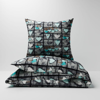 Pościel z kory 140x200 + poszewka na poduszkę 70x80 | 073turk | szaro turkusowa | patchwork z sercami