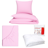 Zestaw pościeli  100x160 + 50x60 + prześcieradło we wzorze 80x160 | groszki różowe | różowa | grochy