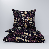 Pościel bawełniana 200x220 + poszewki na poduszkę 2*70x80 | 175grn | granatowa | kwiaty liście