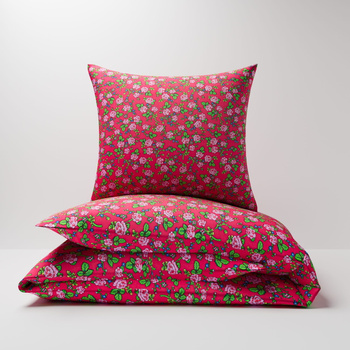 Pościel bawełniana 160x200 + poszewka na poduszkę 70x80 | 119red | czerwona | róże góralskie