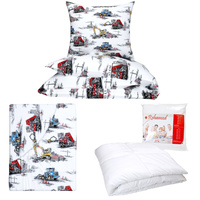 Zestaw pościeli  100x160 + 40x60 + prześcieradło we wzorze 80x160 | 404tra | biała | koparki traktory