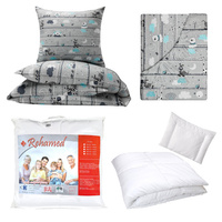 Zestaw pościeli  100x160 + 50x60 + prześcieradło we wzorze 80x160 | 196tur | szaro turkusowa | misie