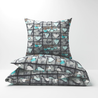 Pościel flanela 160x200 + poszewka na poduszkę 50x60 | 073trk | szaro turkusowa | serca  walentynki