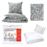 Zestaw pościeli 100x160 + 40x60 + prześcieradło we wzorze 80x160 | 103bez | szara | jednorożce