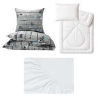 Zestaw pościeli 100x160 + 40x60 + prześcieradło jersey 80x160 | 196tur | szaro turkusowa | misie