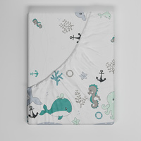 Prześcieradło z gumką do łóżeczka 80x190 bawełniane | 235mie | biało miętowe | morski