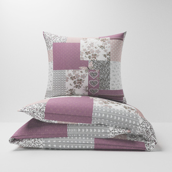 Pościel bawełniana 160x200 + poszewki na poduszkę 2*70x80 | 137Npu | szaro różowa | patchwork serca
