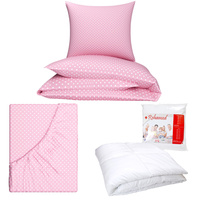Zestaw pościeli  100x160 + 40x60 + prześcieradło we wzorze 80x160 | groszki pudrowe | różowa | grochy