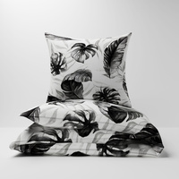 Pościel bawełniana 200x220 + poszewki na poduszkę 2*70x80 | 455grf | biało czarna | liście monstery