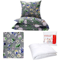 Zestaw pościeli  100x160 + 50x60 + prześcieradło we wzorze 80x160 | 348sza | szara | kwiaty bratki