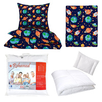 Zestaw pościeli 100x160 + 40x60 + prześcieradło we wzorze 80x160 | 202cie | granatowo pomarańczowa | planety kosmos