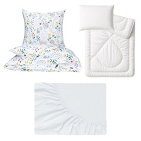 Zestaw pościeli  100x160 + 50x60 + prześcieradło jersey 80x160 | 129blu | biała | polne kwiaty