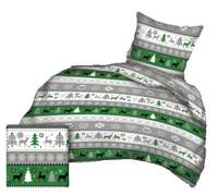 Pościel bawełniana 140x200 + poszewka na poduszkę 70x80 | 446red | szaro zielona | renifery świąteczna