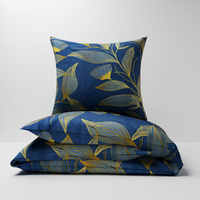 Pościel bawełniana 200x220 + poszewki na poduszkę 2*70x80 | 120grn | granatowa | liście