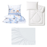 Zestaw pościeli  100x160 + 40x60 + prześcieradło jersey 80x160 | 234nie | niebieska | sowy