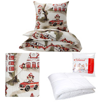 Zestaw pościeli  100x160 + 40x60 + prześcieradło we wzorze 80x160 | 217psi | szaro czerwona | psy strażacy