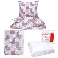 Zestaw pościeli  100x160 + 50x60 + prześcieradło we wzorze 80x160 | 137Npu | szaro różowa | patchwork serca