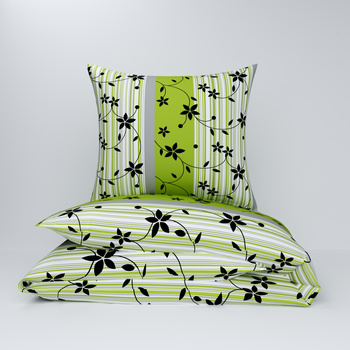 Pościel z kory 160x200 + 70x80 + 40x40 | 057ziel | szaro zielona | kwiaty na pasach