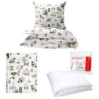 Zestaw pościeli  100x160 + 40x60 + prześcieradło we wzorze 80x160 | 099beż | biało brązowa | miś na campingu