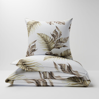 Pościel bawełniana 200x200 + poszewki na poduszkę 2*70x80 | 455b-b | biało brązowa | liście