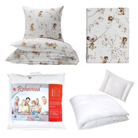 Zestaw pościeli 100x160 + 50x60 + prześcieradło we wzorze 80x160 | 154Nbr | biało brązowa | wróżki elfy