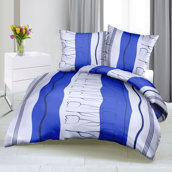 Pościel z kory 160x200 + poszewki na poduszkę 2*70x80 | 277nie | niebieska | tulipany