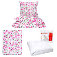 Zestaw pościeli 100x160 + 50x60 + prześcieradło we wzorze 80x160 | 513róż | różowa | kwiaty