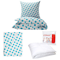 Zestaw pościeli  100x160 + 50x60 + prześcieradło we wzorze 80x160 | 095b-t | biało turkusowe | gwiazdki pierniki