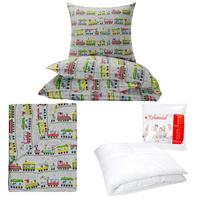 Zestaw pościeli  100x160 + 50x60 + prześcieradło we wzorze 80x160 | 266sza | szara | pociagi ciuchcie