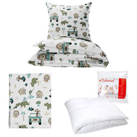 Zestaw pościeli  100x160 + 40x60 + prześcieradło we wzorze 80x160| 138zie | zielona | safari autka