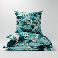 Pościel bawełniana 200x220 + poszewki na poduszkę 2*70x80 | 455nie | niebieska | liście monstery