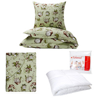 Zestaw pościeli  100x160 + 40x60 + prześcieradło we wzorze 80x160 | 210zab | zielona | koty żabki słonie