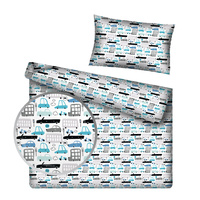 Pościel dla dziecka bawełniana 120x160 + poszewka na poduszkę 50x60 | 088pas | biało niebieska | autka pojazdy