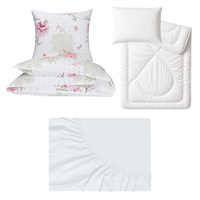 Zestaw pościeli  100x160 + 50x60 + prześcieradło jersey 80x160 | 336los | biała | kwiaty piwonie