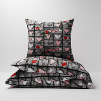 Pościel z kory 160x200 + 70x80 + 40x40 | 073szar | szaro różowa | patchwork z sercami