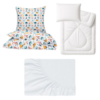 Zestaw pościeli  100x160 + 50x60 + prześcieradło jersey 80x160 | 411bia | biała | dinozaury