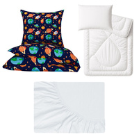 Zestaw pościeli 100x160 + 50x60 + prześcieradło jersey 80x160 | 202cie | granatowo pomarańczowa | planety kosmos